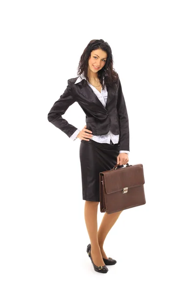 Jonge stijlvolle zakenvrouw met werkmap geïsoleerd op wit in volledige lichaam. — Stockfoto