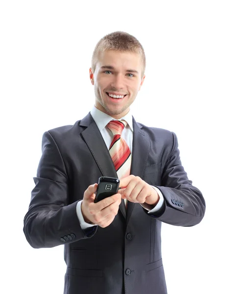 クローズ アップ ビジネスマン使用の白い背景の上の携帯電話 — ストック写真