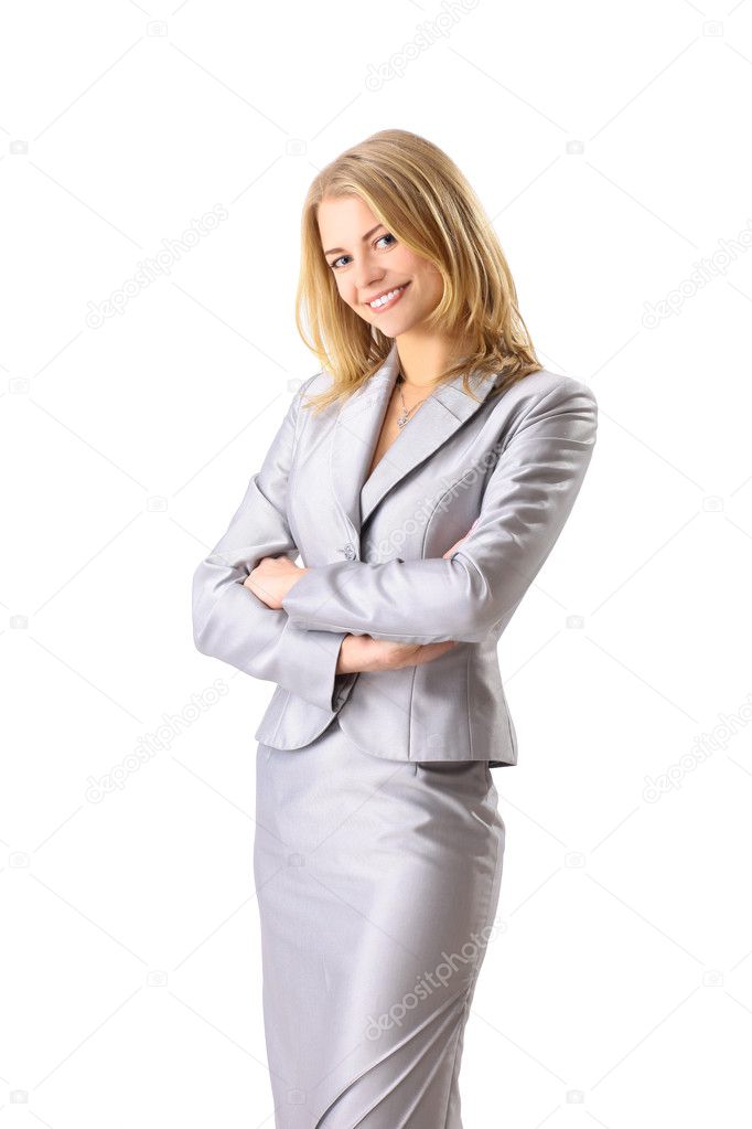Portrait of a happy young business woman smiling isolated on white background