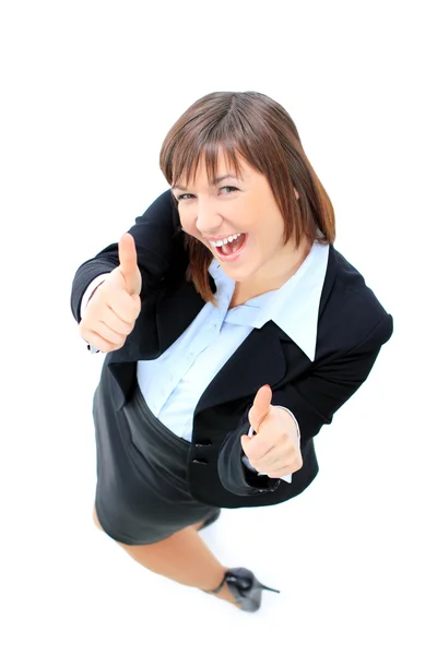 Счастливая улыбающаяся деловая женщина с большим пальцем вверх жестом, изолированная на белом фоне — стоковое фото