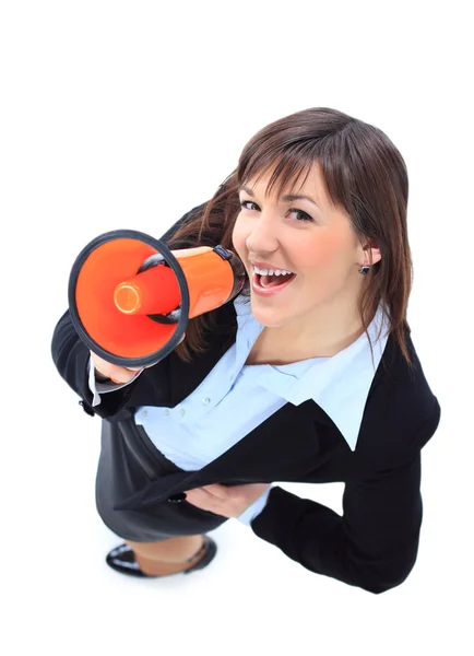Top view of business woman speak in megaphone — Stock Photo, Image