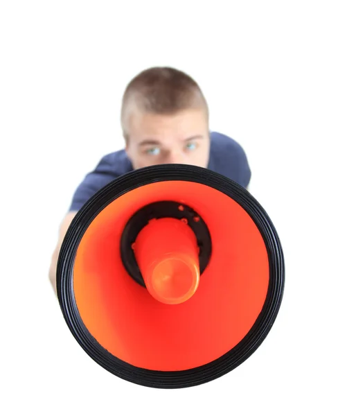 Business man using megaphone on white background. Top view. — Stock Photo, Image