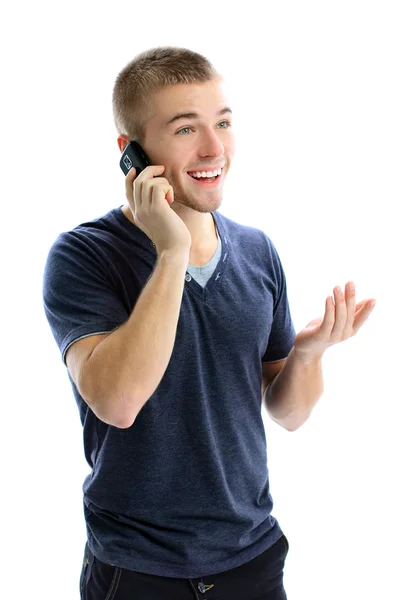 Крупный план бизнесмена на мобильном телефоне на белом фоне — стоковое фото