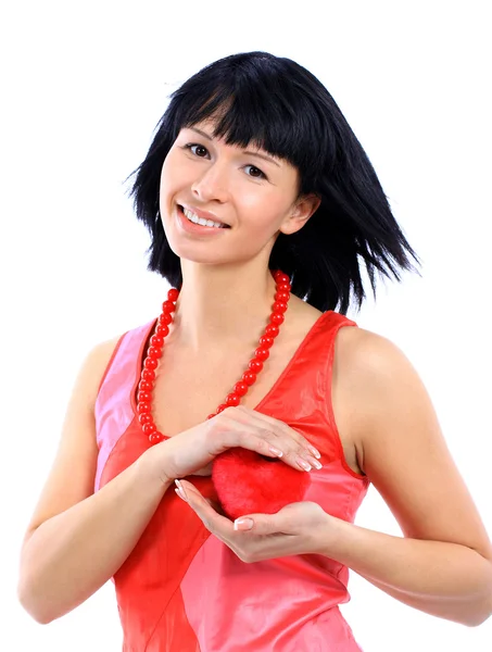 Woman holding heart shape, isolated on white background — Stock Photo, Image