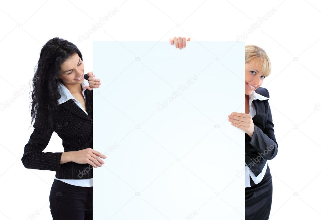 Beautiful business women with a white banner. Isolated on a white background.