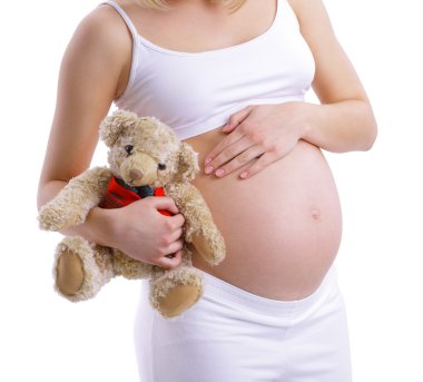 Woman holds a soft toy bear pregnant belly. clipart