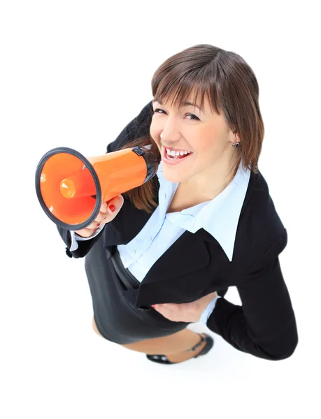 Visão superior da mulher de negócios falar em megafone — Fotografia de Stock