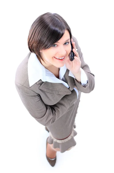 Beyaz bir arka plan üzerinde izole telefonda konuşurken iş kadını — Stok fotoğraf