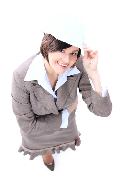 Retrato de menina arquiteto atraente com chapéu duro - isolado no fundo branco — Fotografia de Stock