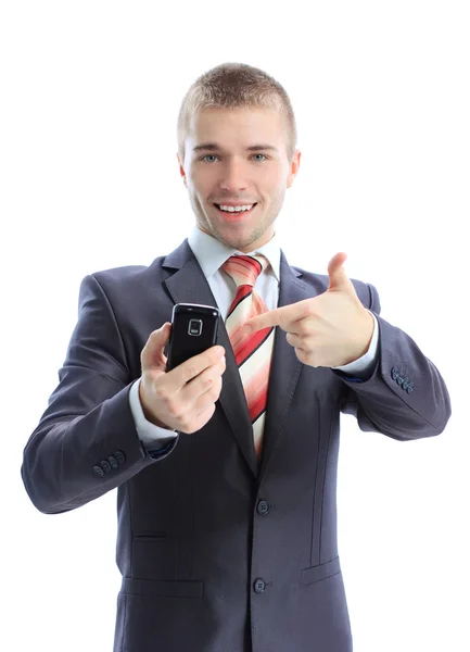 Un homme d'affaires montrant son téléphone — Photo