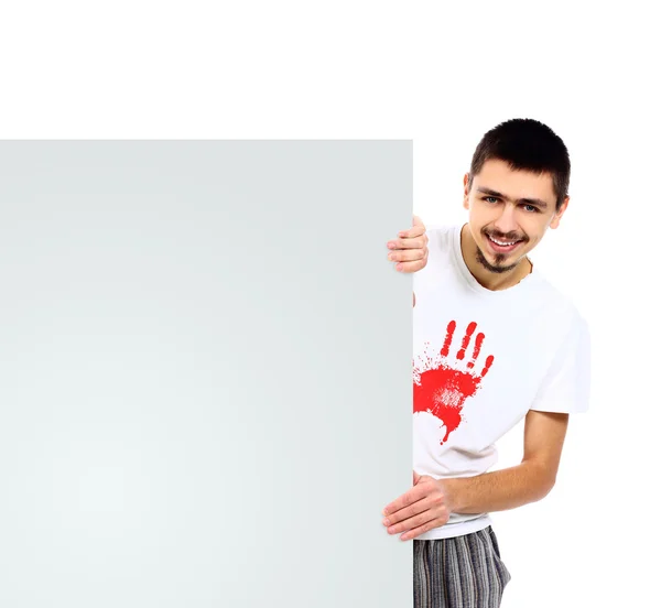 Boldog jóképű férfi találat vigyázz fehér üres banner — Stock Fotó