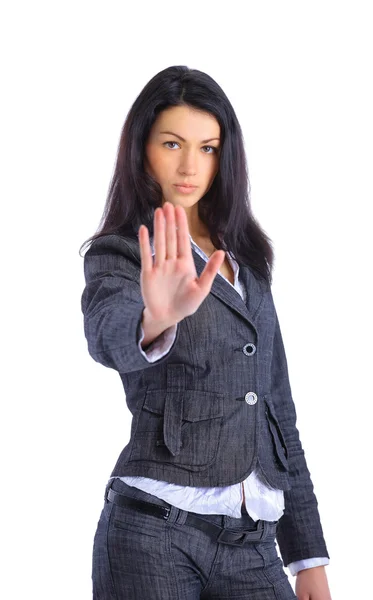 Sério mulher de negócios fazendo parar sinal sobre branco — Fotografia de Stock