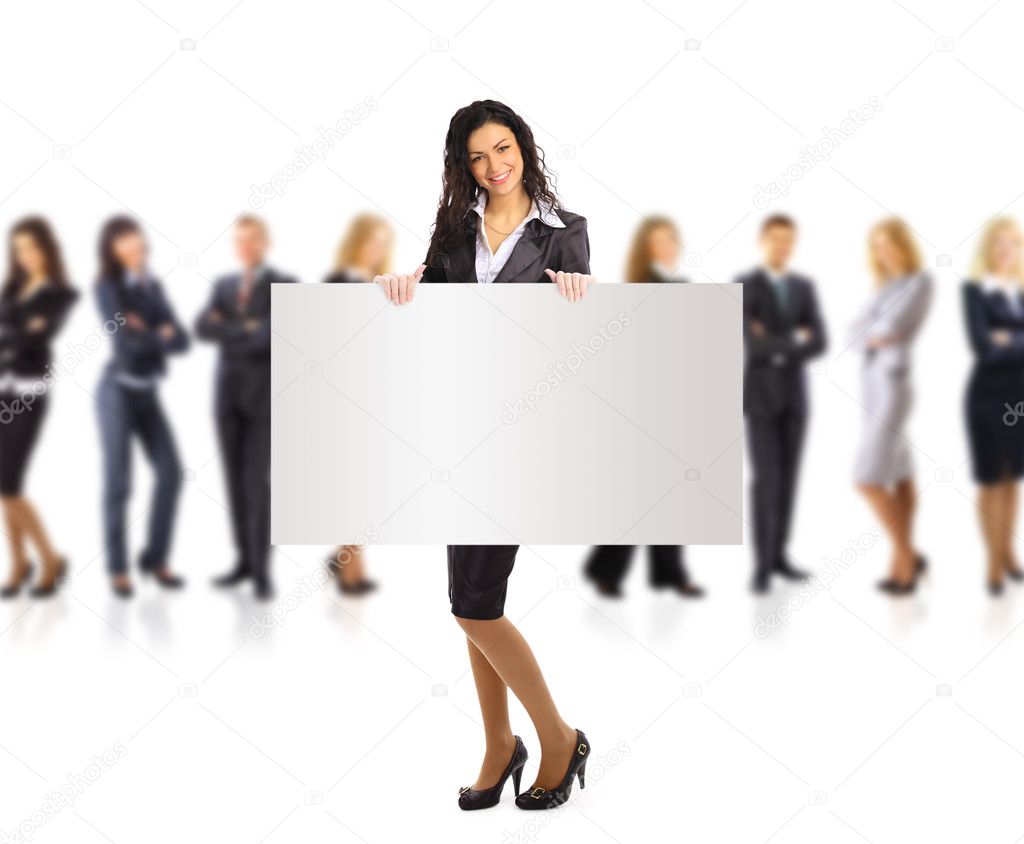 Business woman and group holding a banner ad, full length portrait isolated on white background.