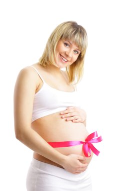 Pregnant woman with pink ribbon on her belly isolated clipart