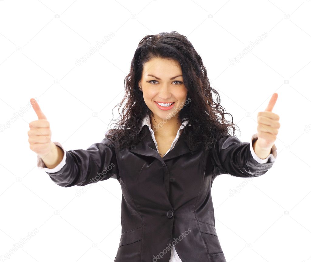 Happy smiling cheerful young business woman with okay gesture