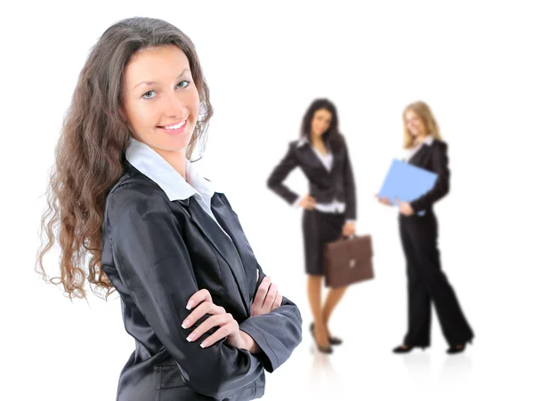 Feminino Líder de negócios em pé na frente de sua equipe — Fotografia de Stock