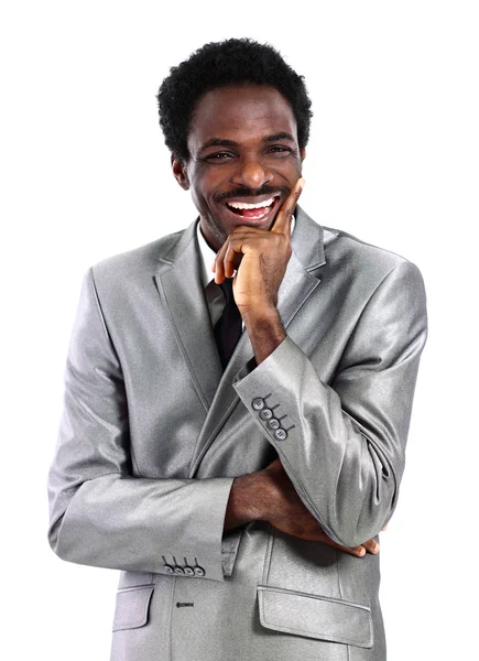 白で隔離される何かを考えて満足の若いアフリカ系アメリカ人ビジネスの男の肖像 — ストック写真