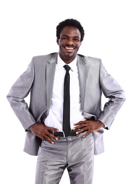 Retrato de um jovem empresário afro-americano satisfeito isolado em fundo branco — Fotografia de Stock