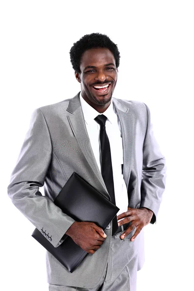 Афроамериканский бизнесмен с изолированной папкой на белом фоне — стоковое фото