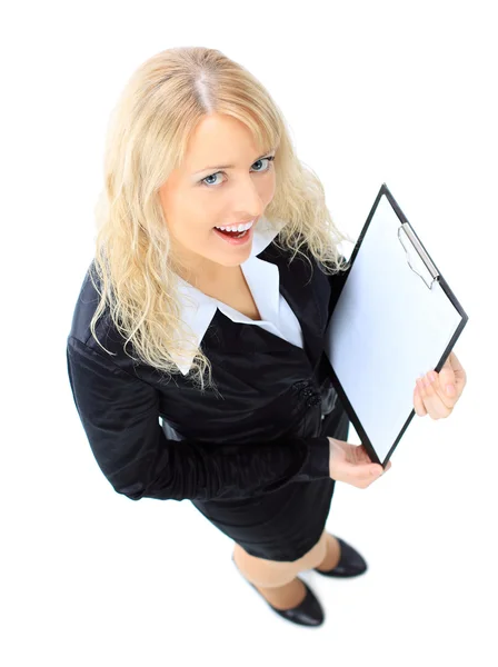 Top view of smiling business woman with clipboard — Stock Photo, Image