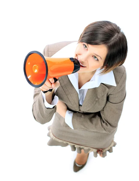 Bovenaanzicht van zakenvrouw spreken in megafoon — Stockfoto