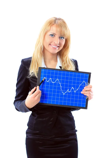 Zakenvrouw tonen de opwaartse trend van een grafische grafiek. — Stockfoto