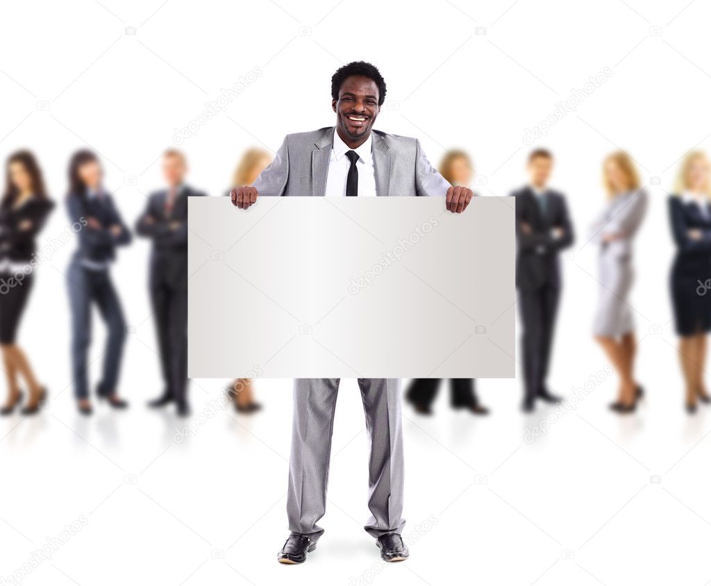 African business man and group holding a banner ad, full length portrait isolated on white background.