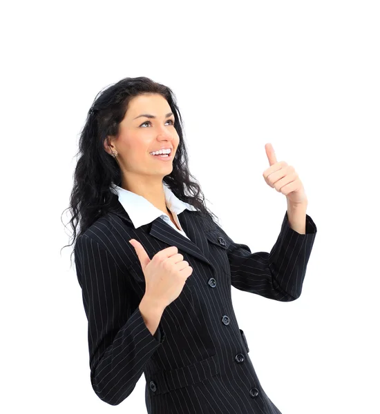 Uma jovem atraente gestando polegares para cima sinal com ambas as mãos em um fundo branco — Fotografia de Stock