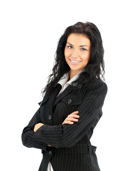 Ritratto di una giovane donna d'affari felice in piedi con la mano piegata sullo sfondo bianco — Foto Stock