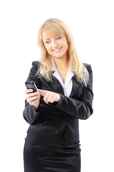 Uma mulher de negócios está segurando o telefone celular no fundo branco — Fotografia de Stock