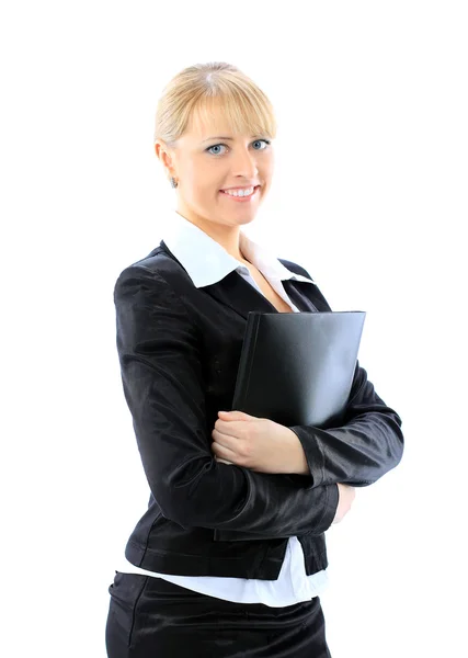 Isolated business woman holding a folder over white — Stock Photo, Image