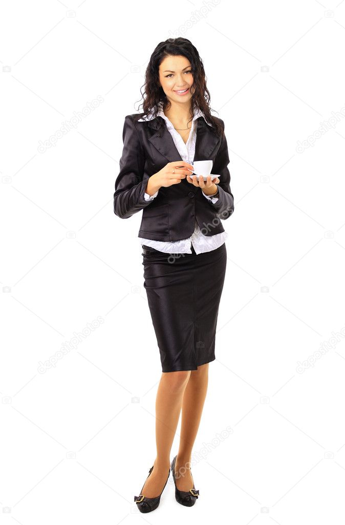 Full body business woman with cup of coffee
