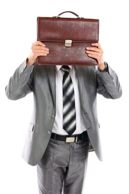 Bisinessman who is afraid of anything and covering his face of the business briefcase clipart