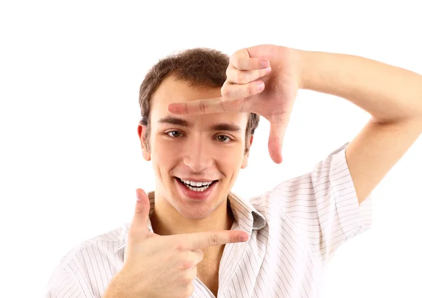 Closeup of handsome young man making frame with hands — Stock Photo, Image