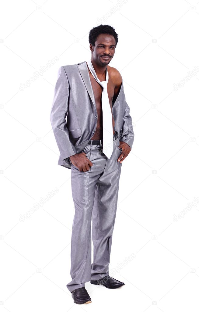 Closeup of a muscular handsome black businessman in suit with tie isolated on white