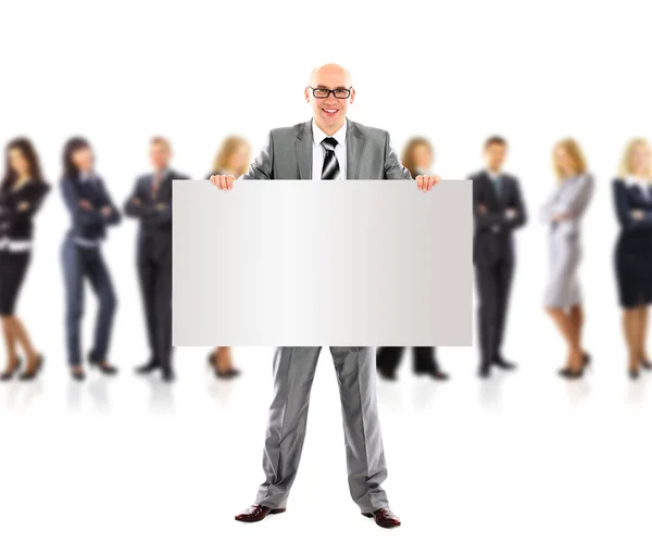 Uomo d'affari e gruppo di successo con un banner pubblicitario, ritratto a figura intera isolato su sfondo bianco . — Foto Stock