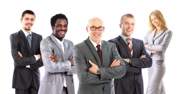 Leader and his business team formed of young businessmen standing — Stock Photo, Image