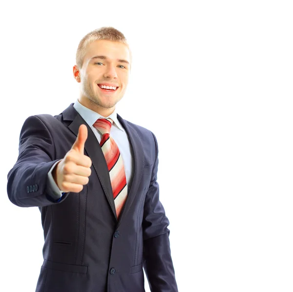 Jovem homem de negócios dando polegar para cima, isolado em branco — Fotografia de Stock