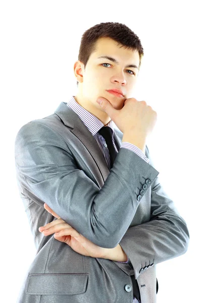 Portrét pohledný mladý promyšlené podnikatel izolovaných na bílém pozadí — Stock fotografie