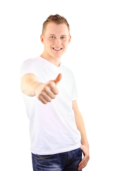 Retrato de um jovem bonito, polegares para cima sobre fundo branco — Fotografia de Stock