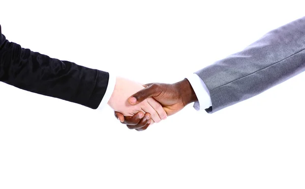 Main d'homme d'affaires africain serrant la main d'une femme d'affaires blanche — Photo