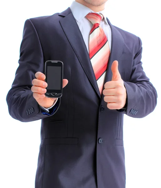 Бізнесмен показує свій телефон — стокове фото