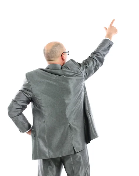 Šťastný obchodní muž dává prezentace na bílém pozadí — Stock fotografie