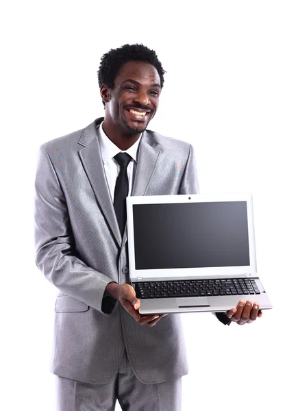 Happy black man with laptop — Stock Photo, Image