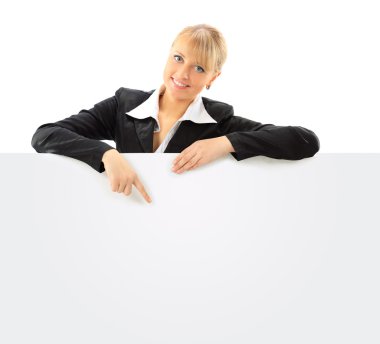 Beautiful business woman with a white banner. clipart