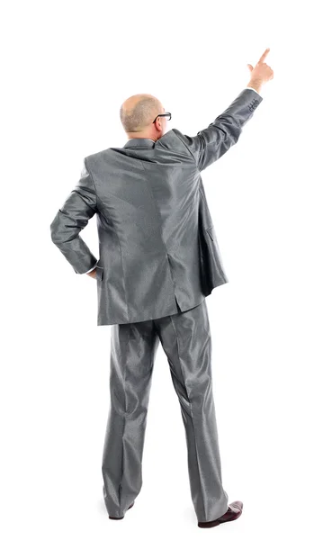 Homem de negócios feliz dando apresentação no fundo branco — Fotografia de Stock