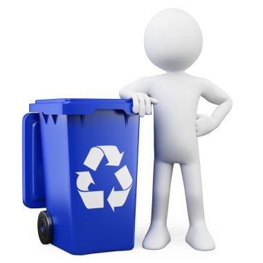 3D man showing a blue bin for recycling clipart