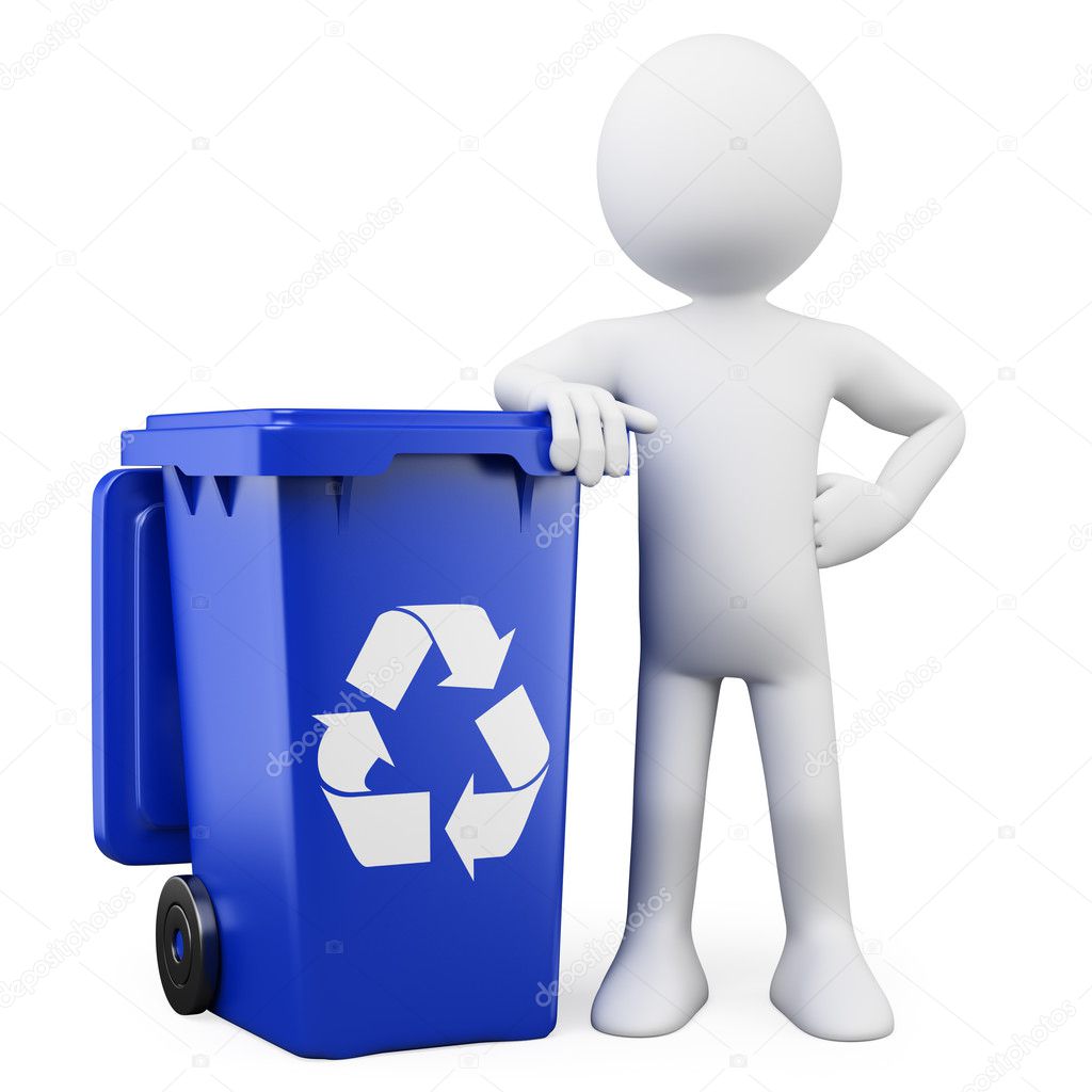 3D man showing a blue bin for recycling