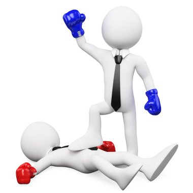 Businessman winning a boxing match and with his foot on his opponent clipart