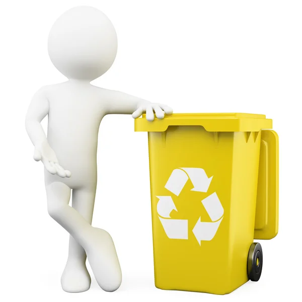 3D άνθρωπος δείχνει ένα κίτρινο κάδο ανακύκλωσης — Φωτογραφία Αρχείου